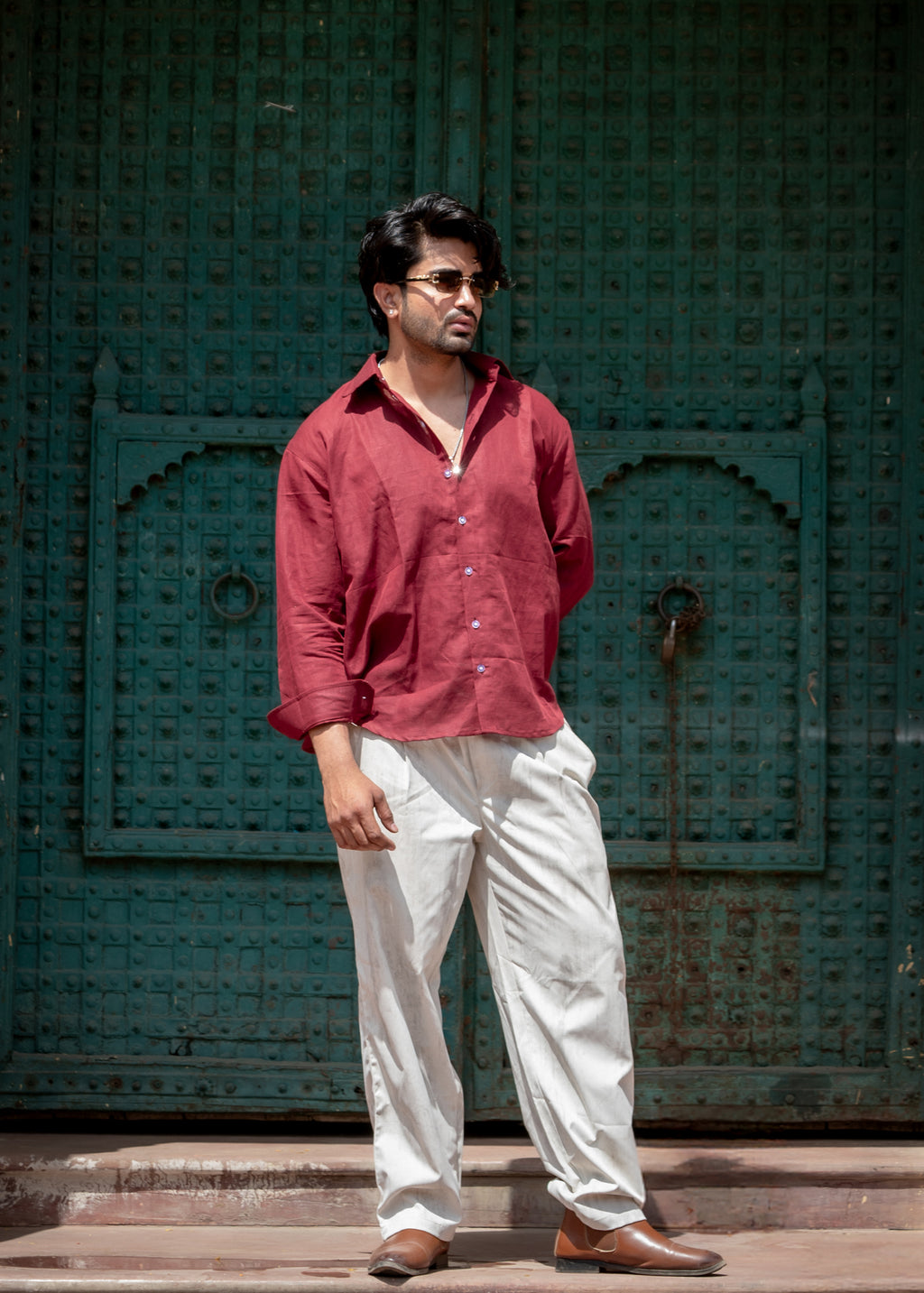 Atrangi Mehroon Khadi Linen High-Low Oversized Shirt