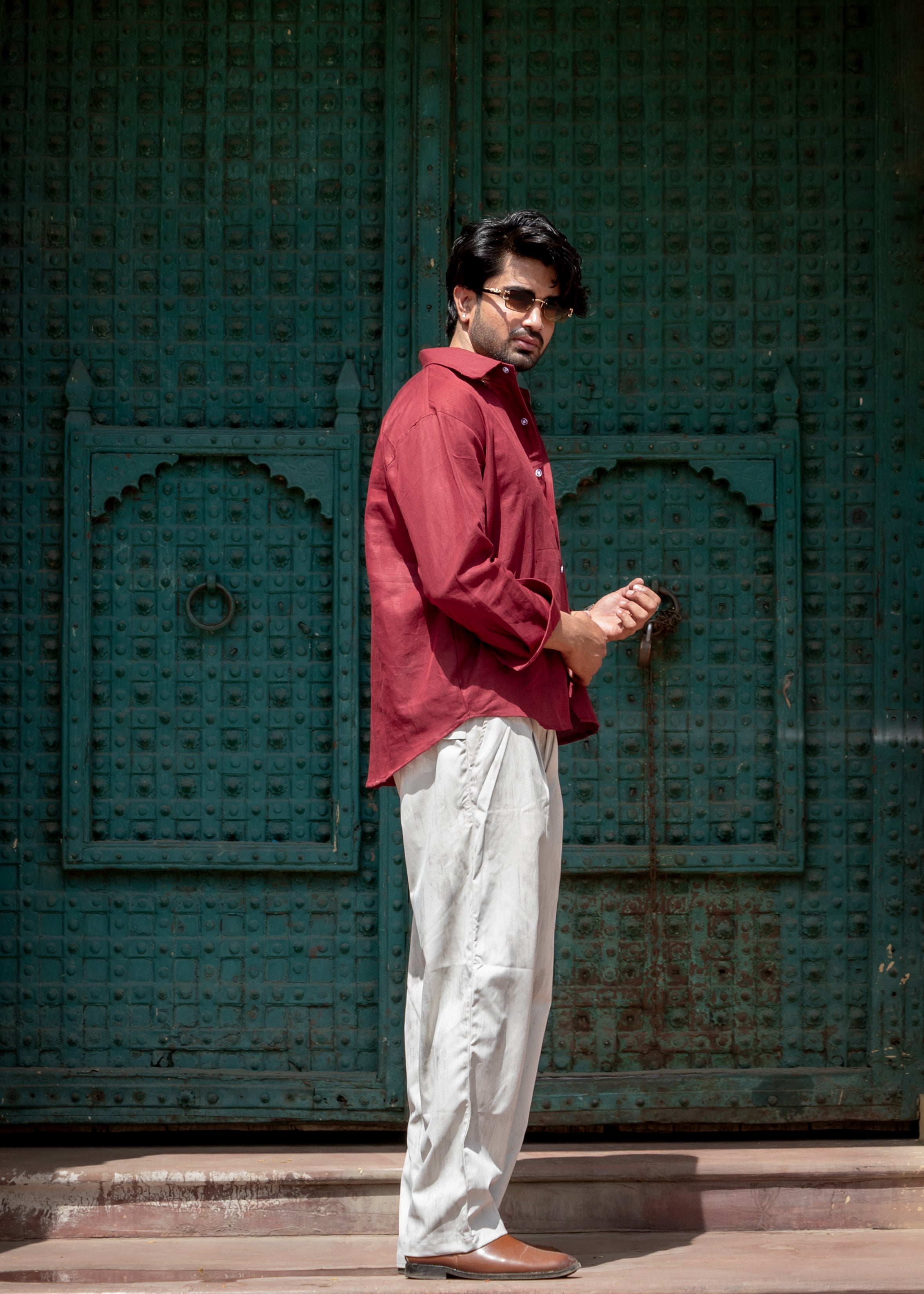 Atrangi Mehroon Khadi Linen High-Low Oversized Shirt